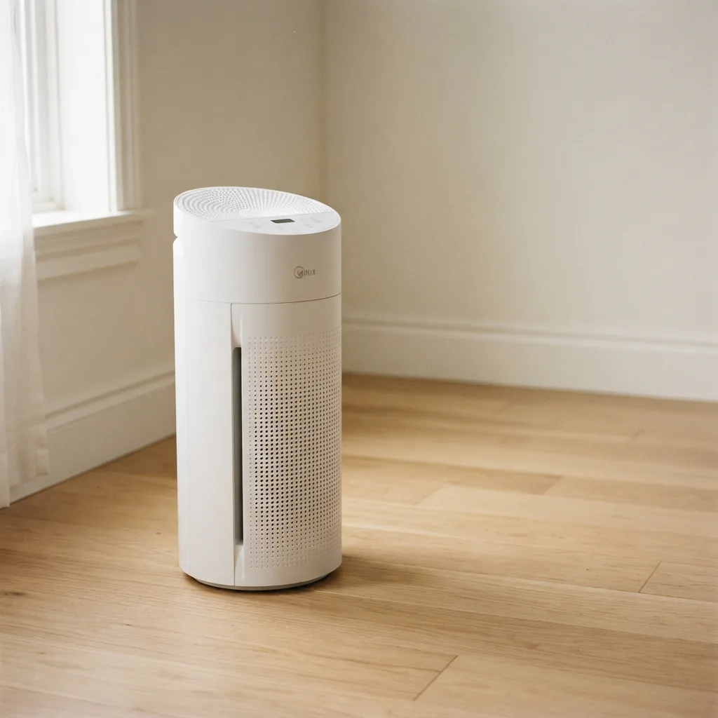 Winix C610 air purifier on wooden flooring near a plain bedroom wall with open space around its base