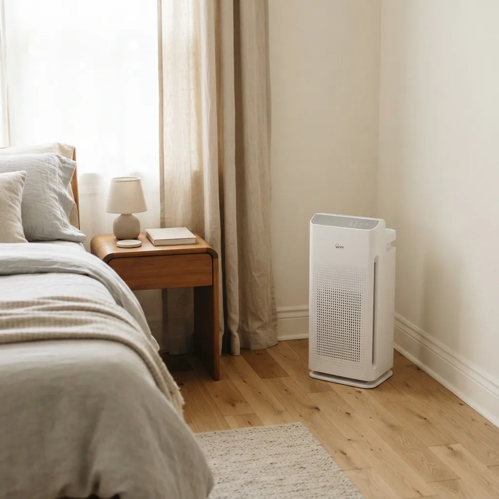 Winix AM90 air purifier placed on a hardwood floor with open space around it in a bedroom corner