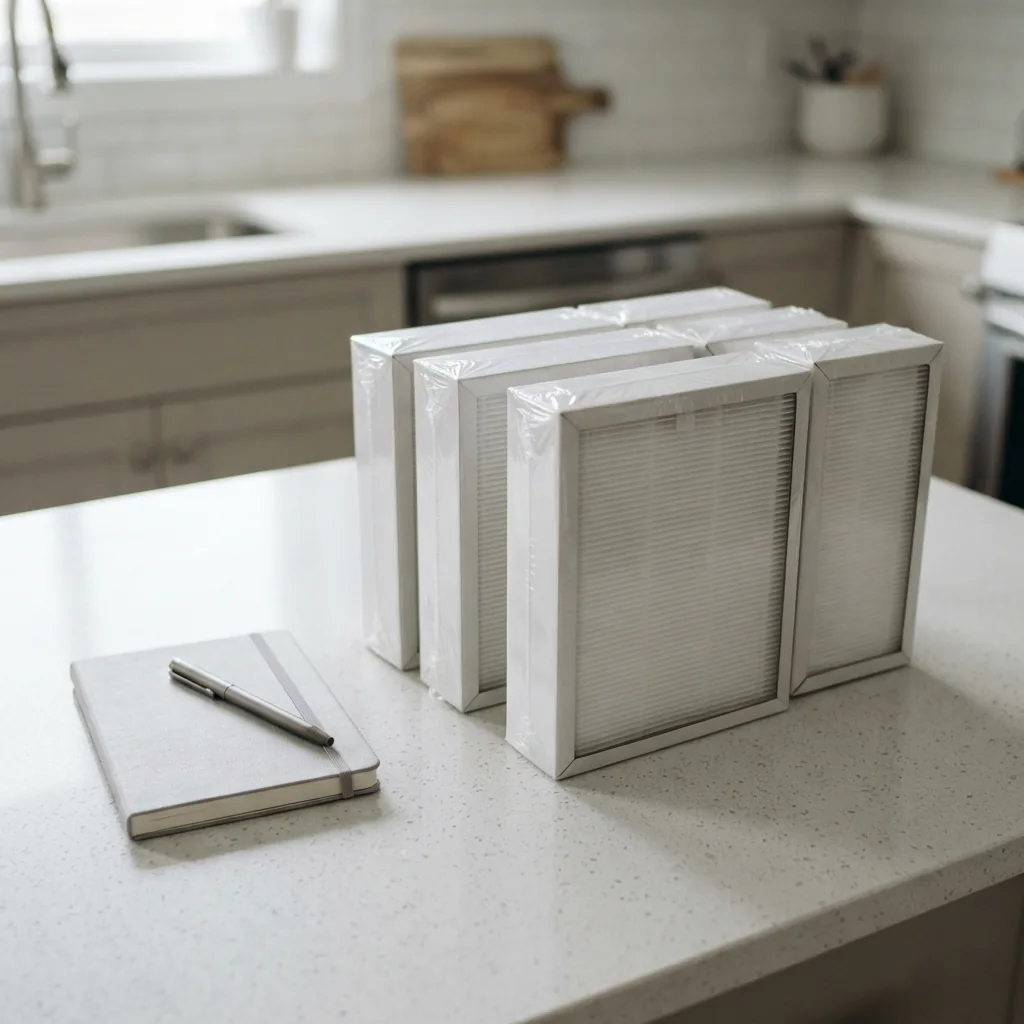 Several plain replacement filter packages grouped with a small notebook and pen