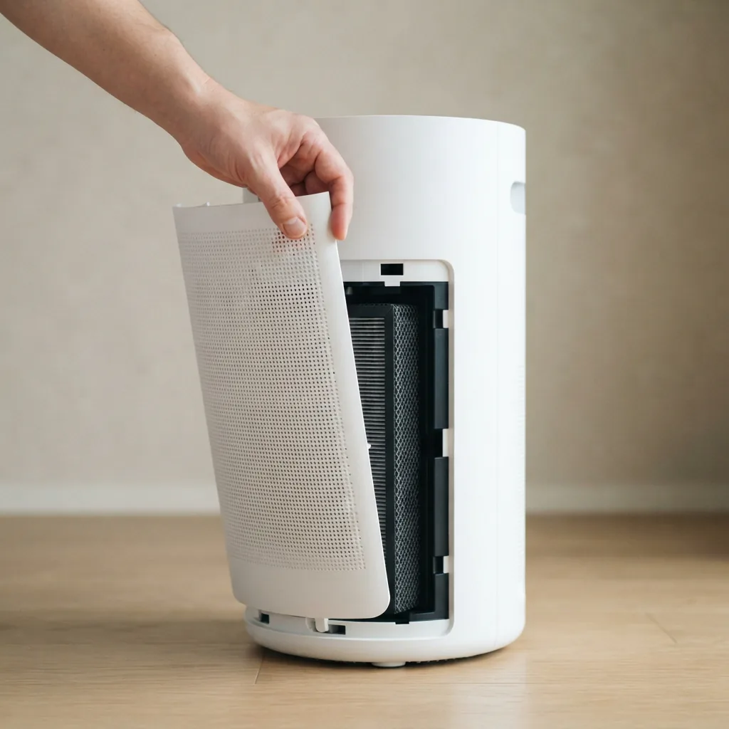 Adult hand lifting the rear cover of the Winix C535 to check the filter compartment