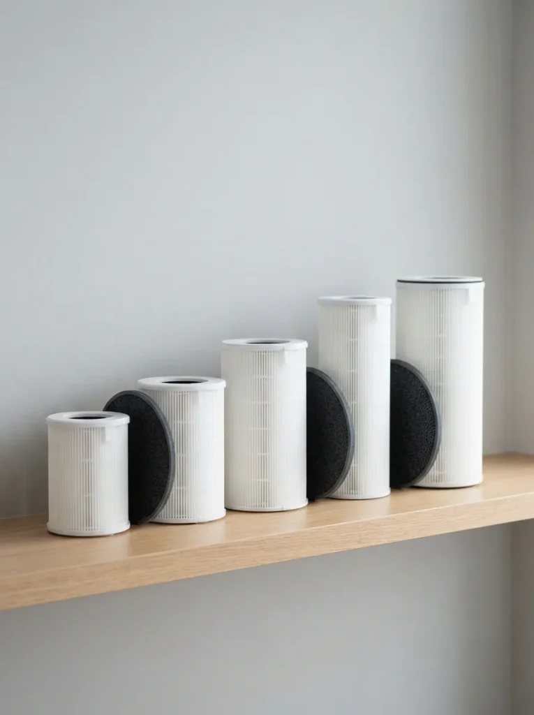 Row of white pleated air purifier replacement filters and dark carbon rings on a light shelf