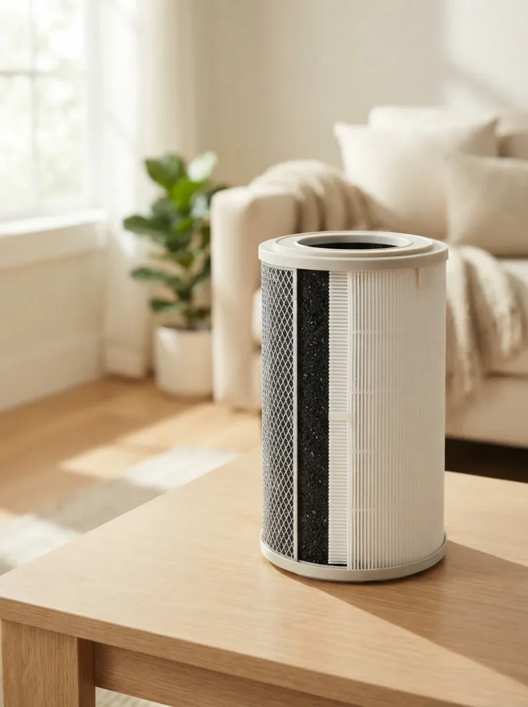 Winix C545 replacement filter cartridge with visible carbon and pleated HEPA layers on a bright table