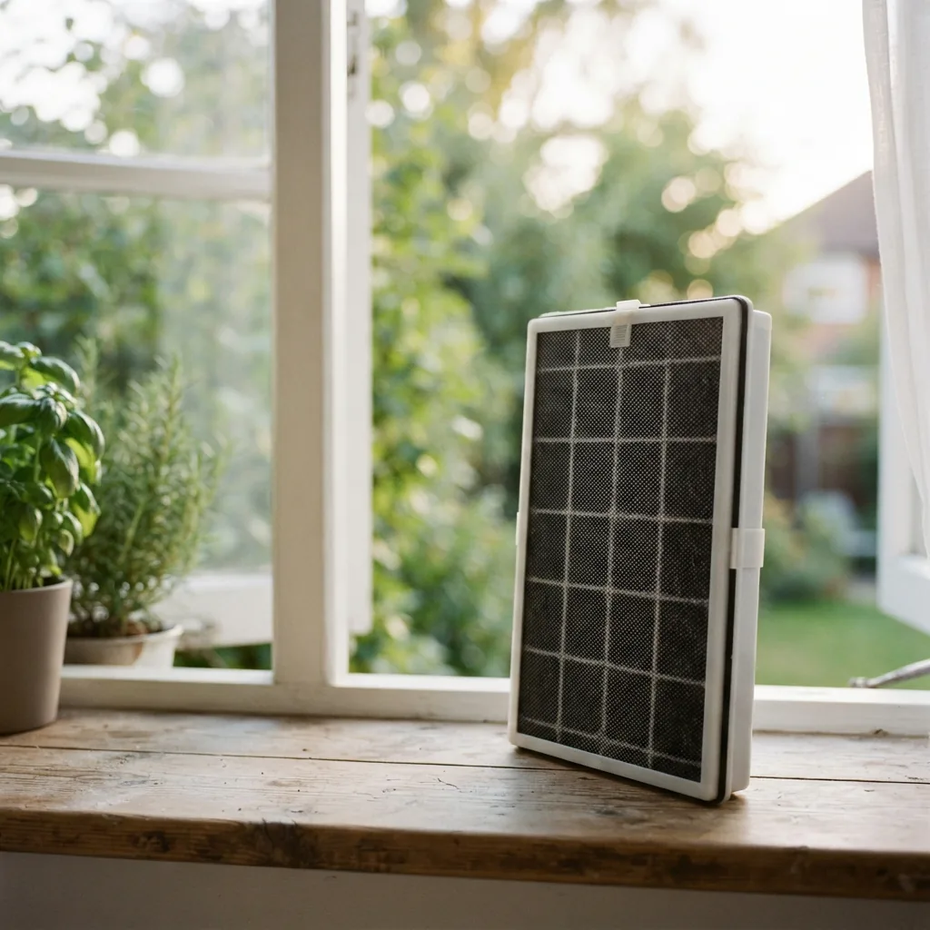 Used filter with gray carbon panel beside an open kitchen window