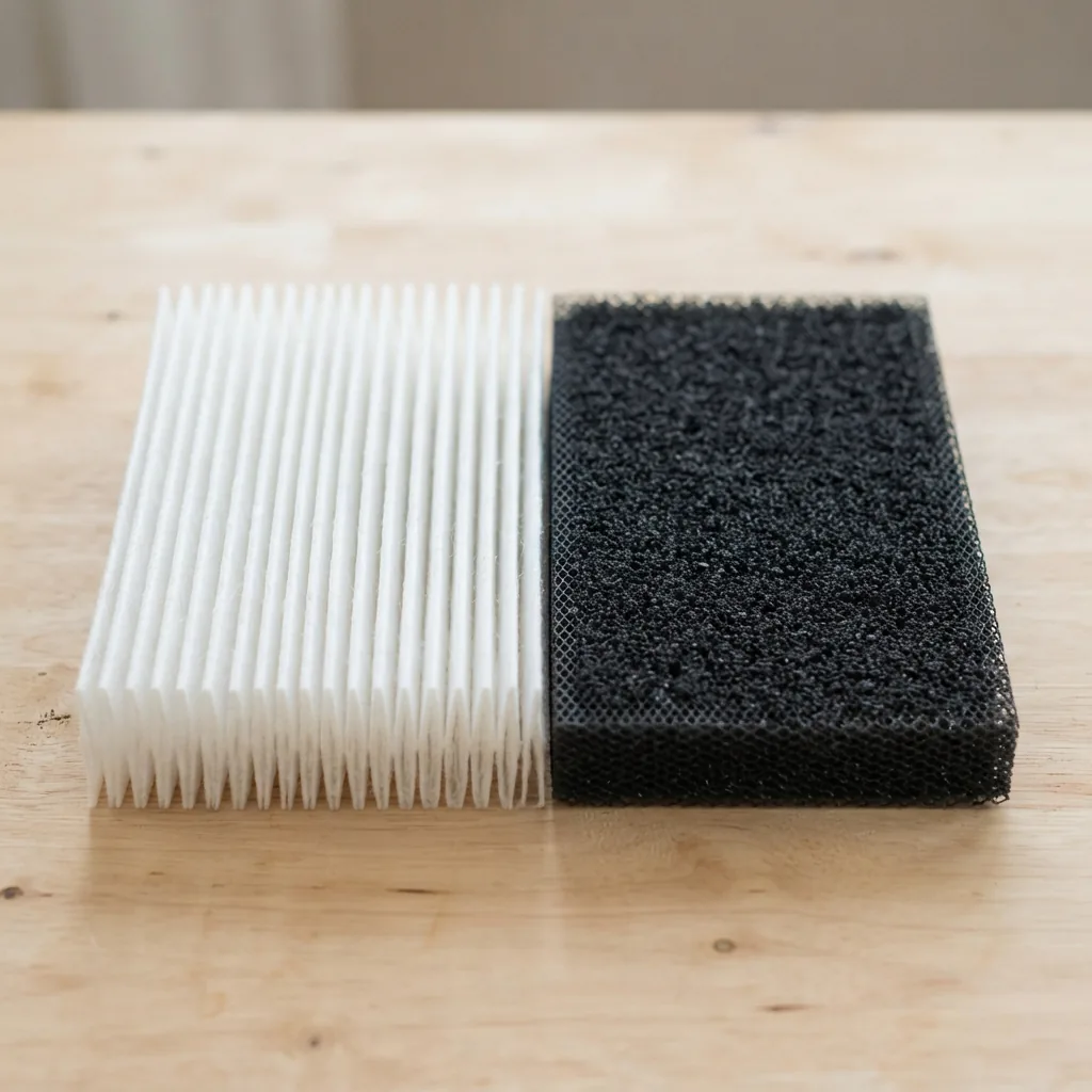 Cutaway-style view of a white HEPA cartridge and a black carbon layer side by side on a light table