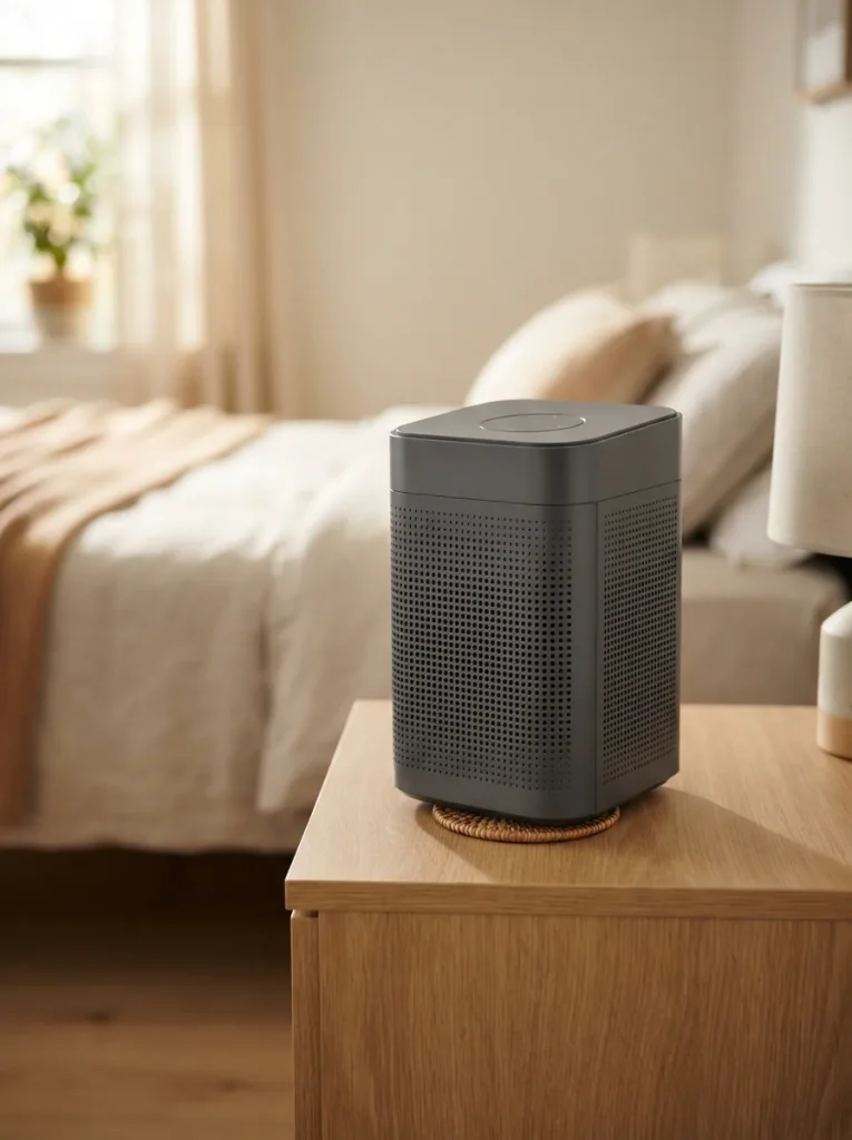 Charcoal gray Winix A230 air purifier on a bedroom nightstand beside a lamp in soft morning light