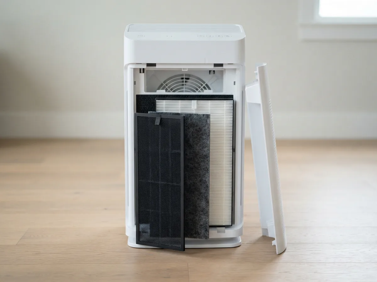 Winix AM90 air purifier with its front panel removed showing the pre-filter, carbon filter and True HEPA filter stacked inside