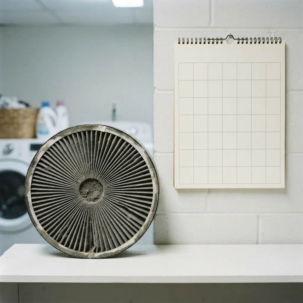 A used grey pleated filter resting on a laundry room shelf next to a blank wall calendar