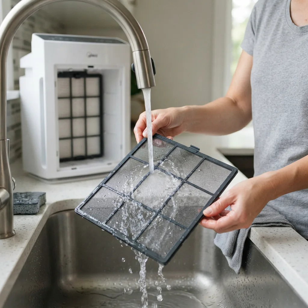 Adult hands rinsing the mesh pre-filter of the Winix C545 air purifier under a tap