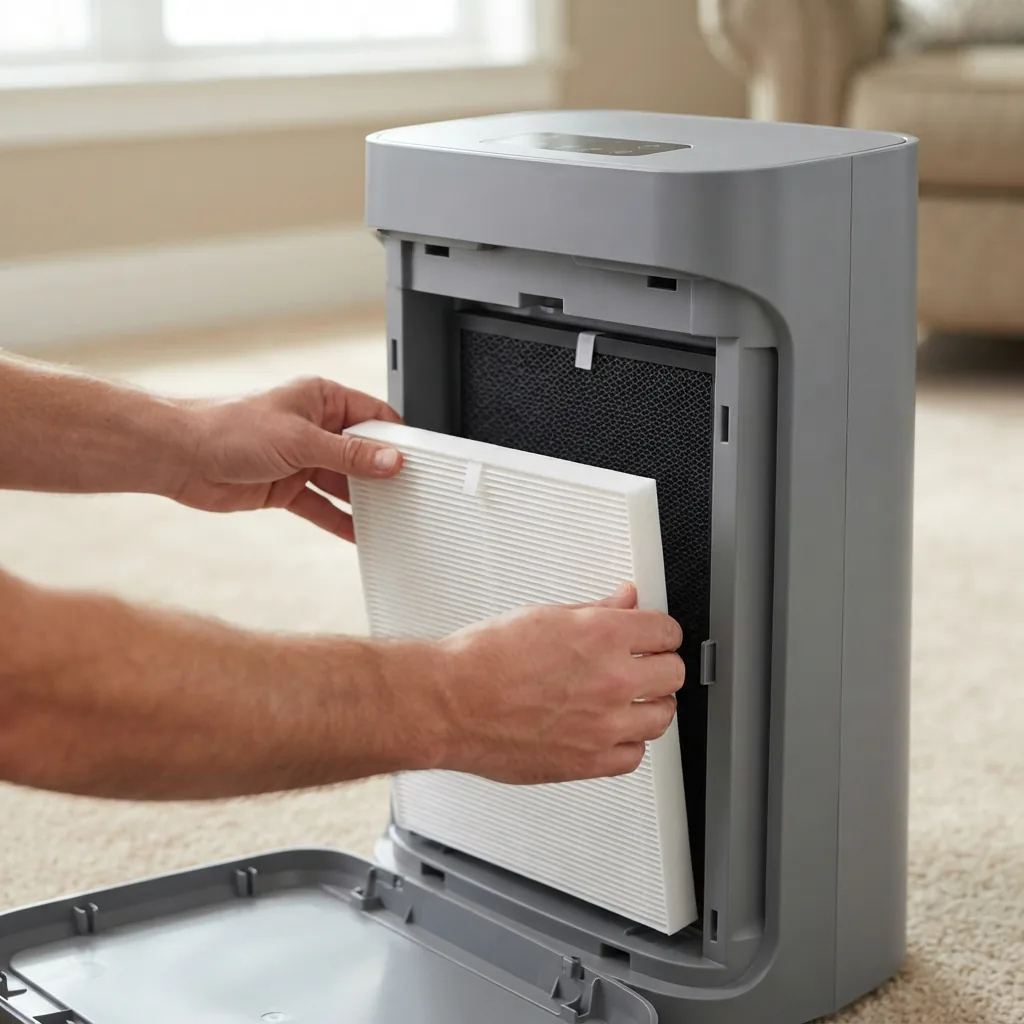 Adult hands sliding a white pleated True HEPA filter into the open filter compartment of an air purifier