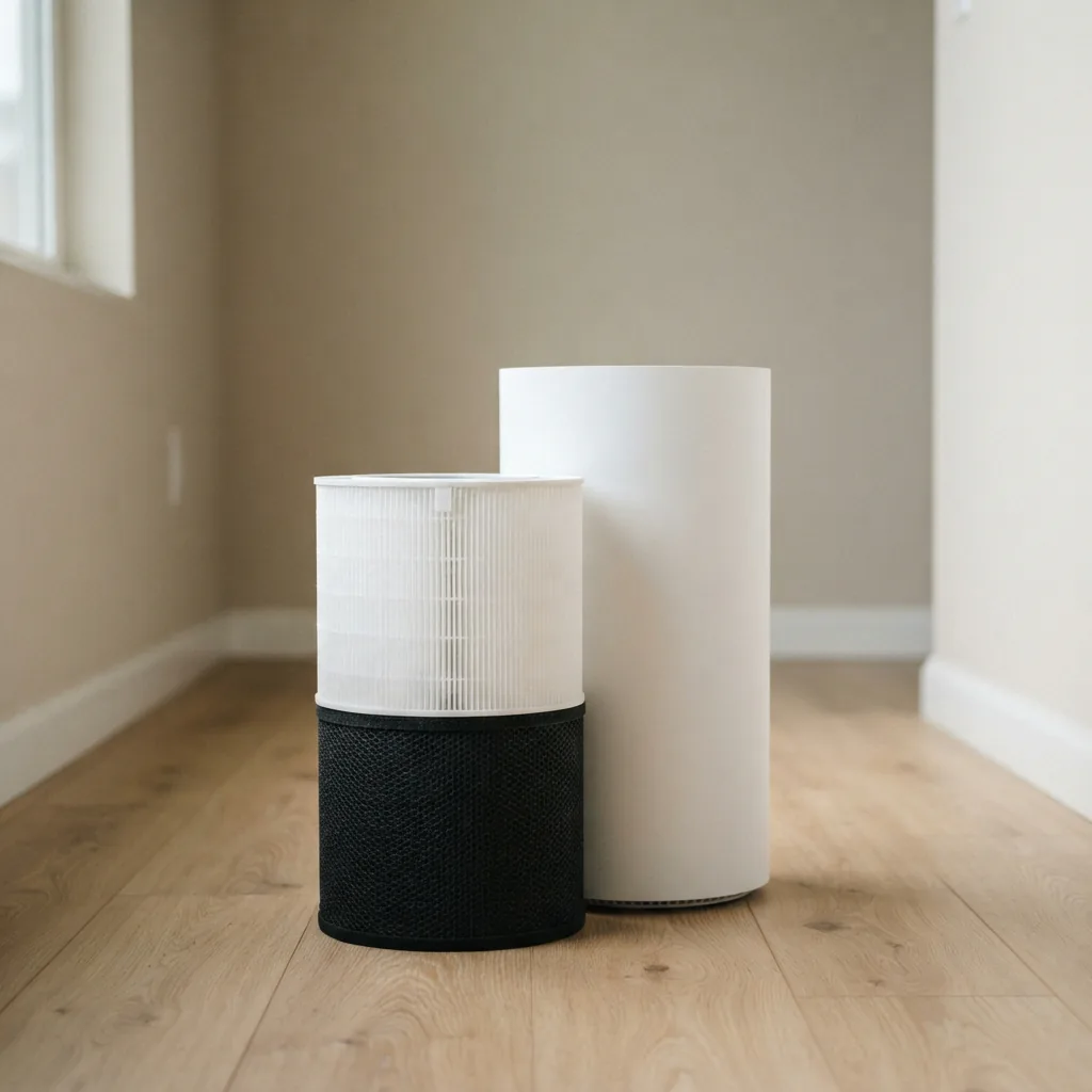 A HEPA filter and a carbon prefilter stacked together beside an air purifier on a hallway floor.