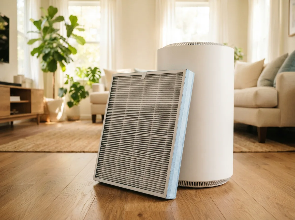 A wide rectangular replacement filter with a pale blue band propped against a large white air purifier in a bright living room
