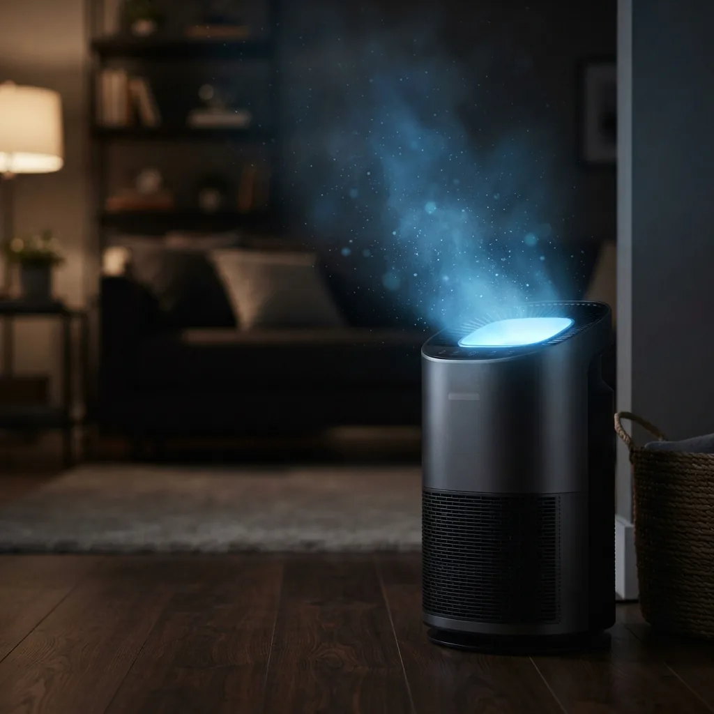 Blue light from an air purifier vent illustrating ionization in a dim room
