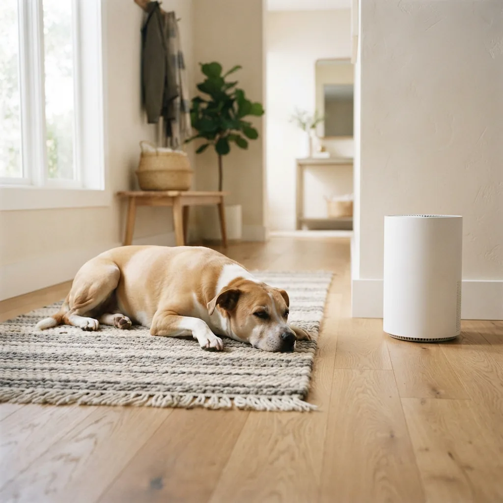 A dog resting on a rug near a Winix air purifier in a bright hallway