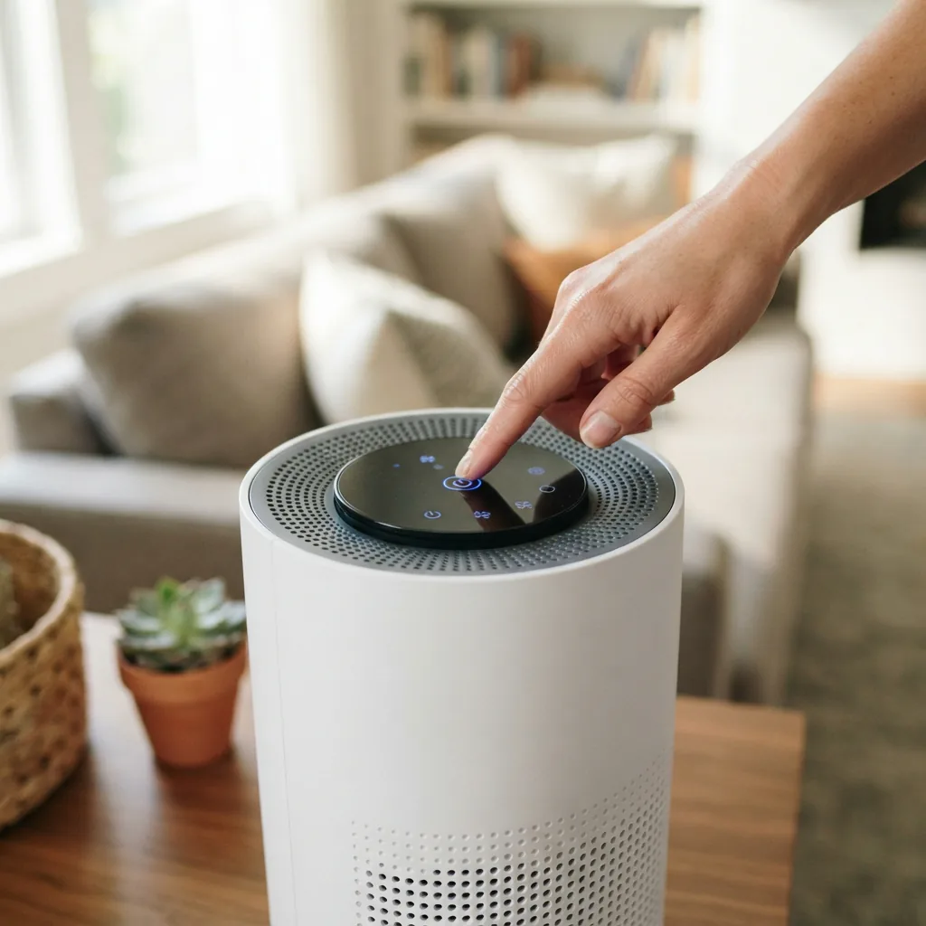 Adult hand pressing the control panel on the top of the Winix T500 air purifier to select auto mode