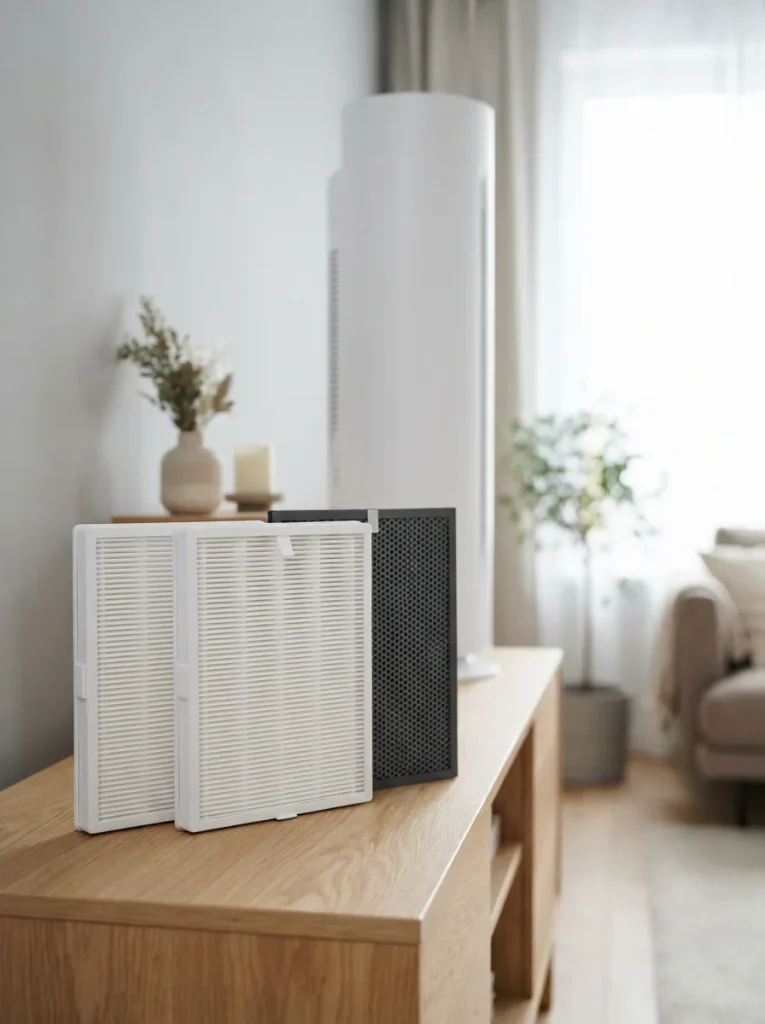 Replacement air purifier filters arranged on a bright living room surface beside a tower purifier.