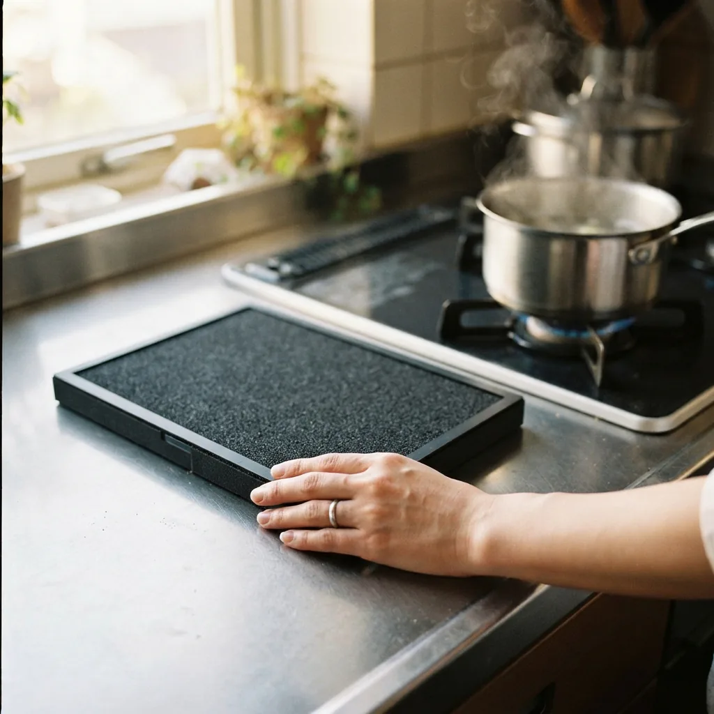 Black activated carbon filter layer from a Winix C545 held near a cooking pot on a stove