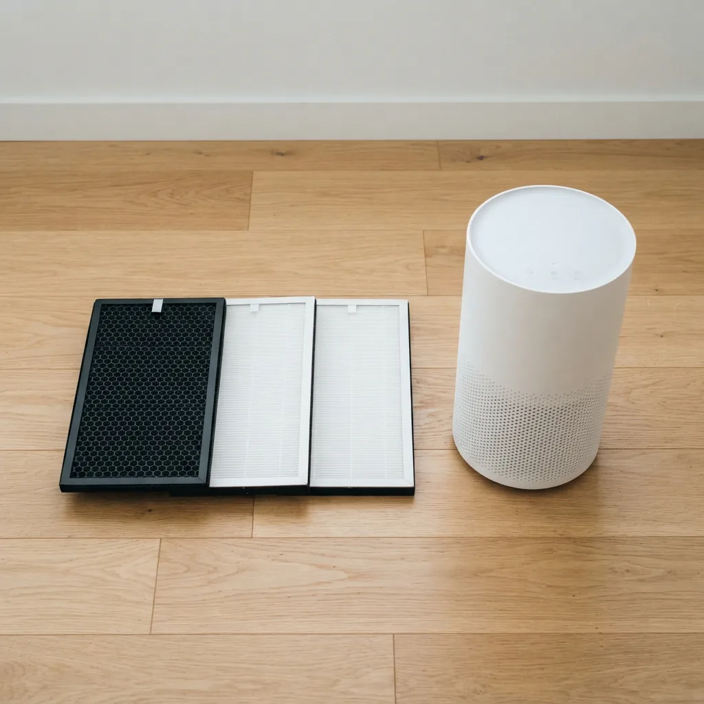 Replacement Winix filters laid out beside a purifier on a floor
