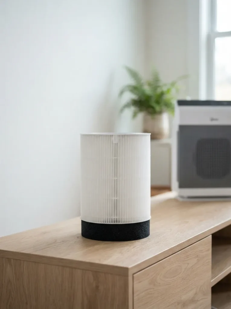 Winix Filter Z replacement canister standing beside a Winix C610 air purifier on a pale oak console