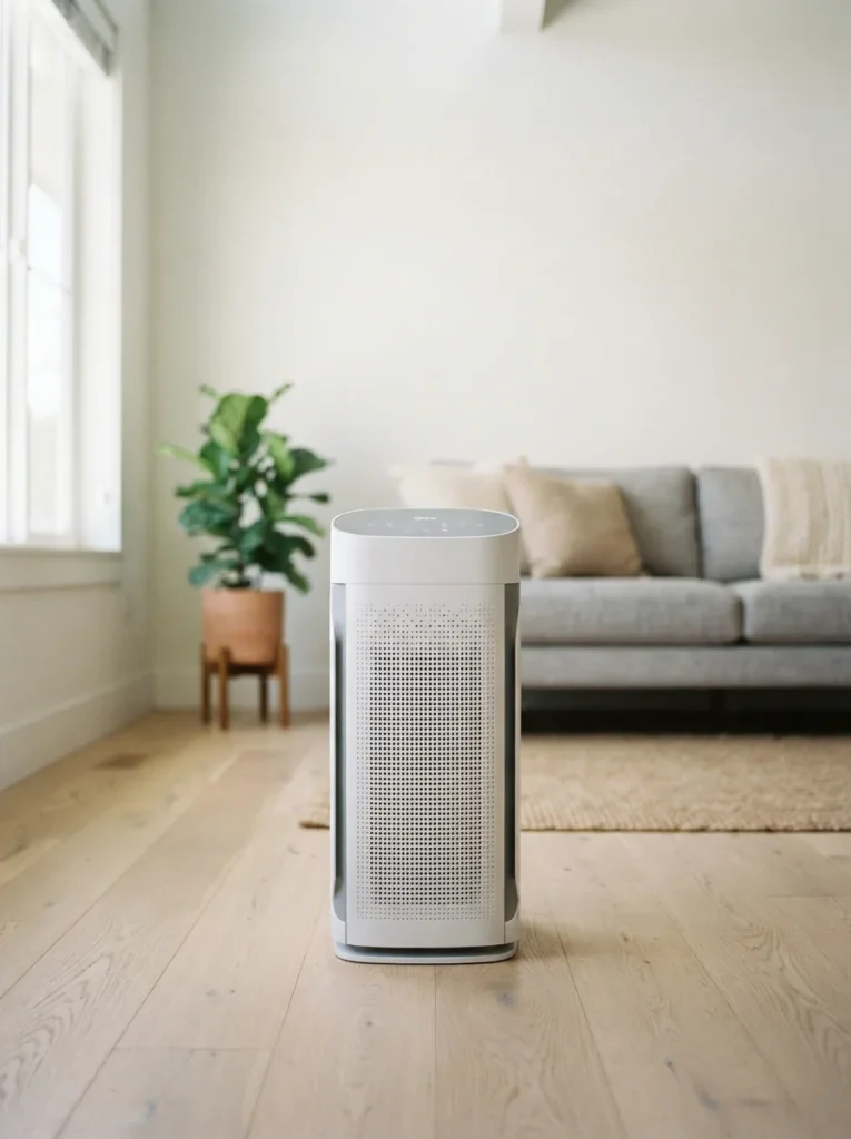 A Winix tower air purifier standing on a living-room floor beside a fabric sofa in soft daylight
