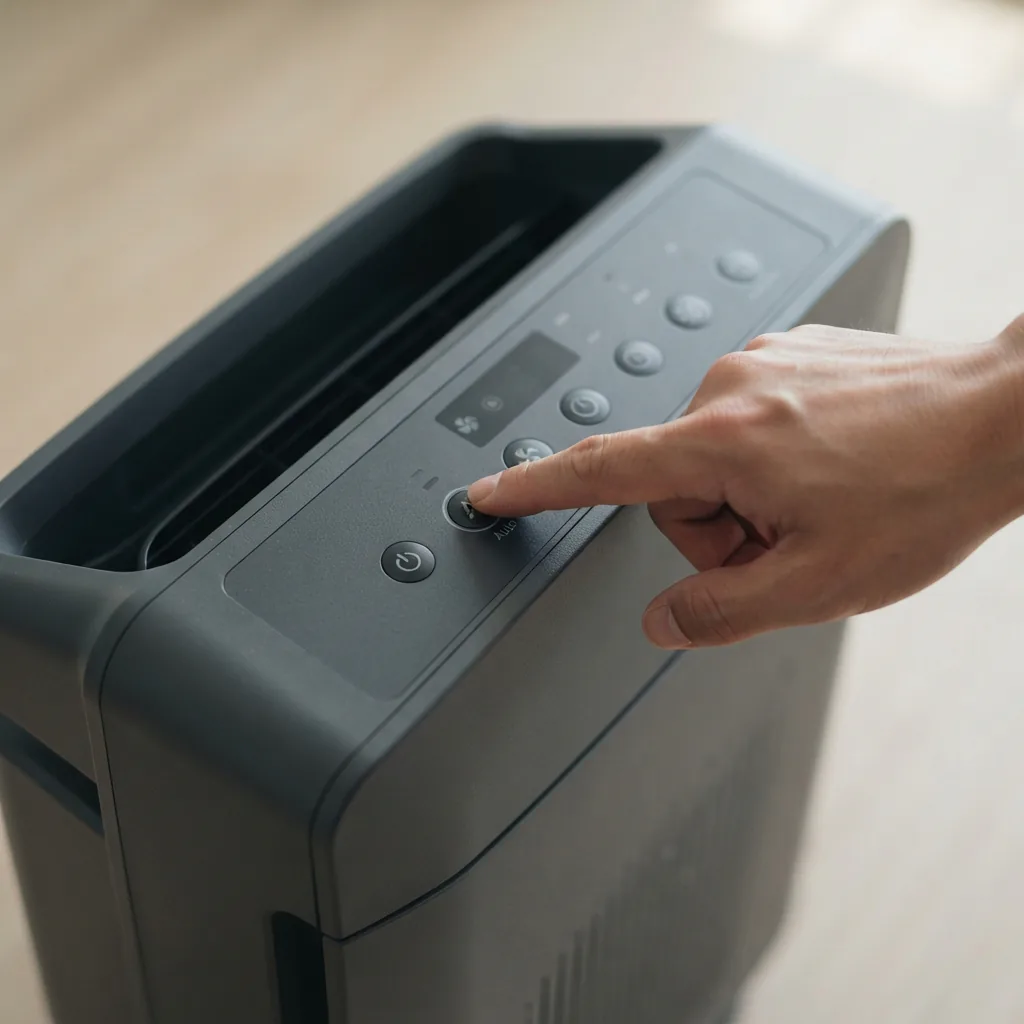 One adult hand pressing the auto mode control on the top panel of a Winix A230 air purifier