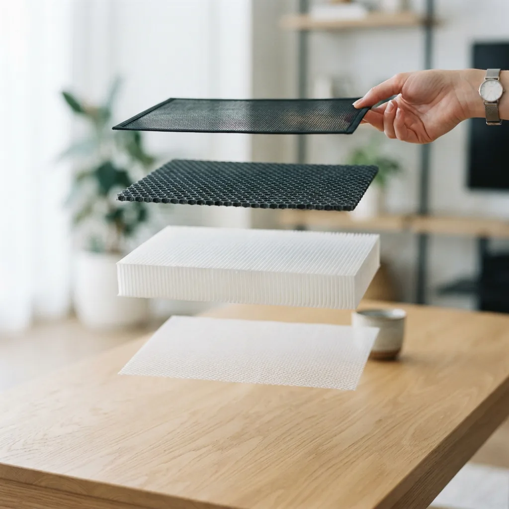 An exploded stack of purifier filter layers held in one hand over a table