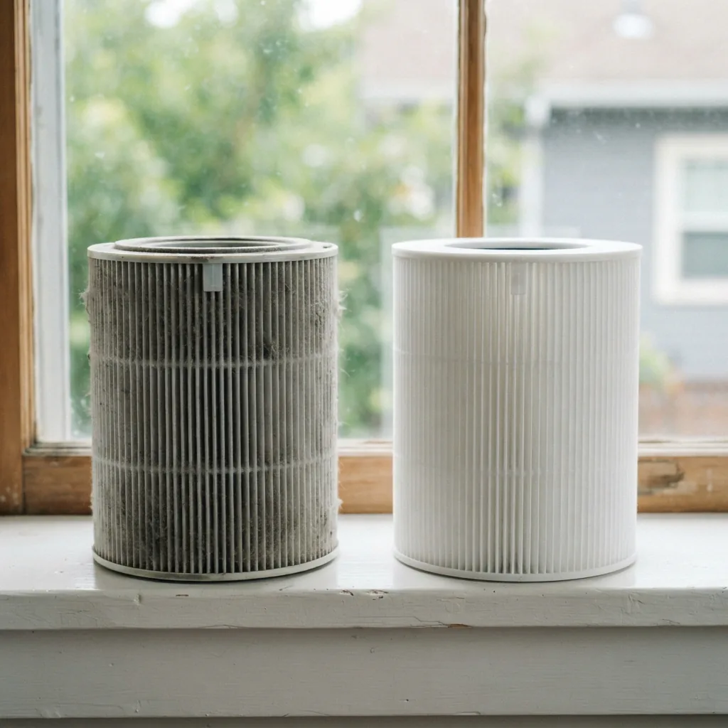 A grayed used filter beside a bright white new filter on a sunny windowsill