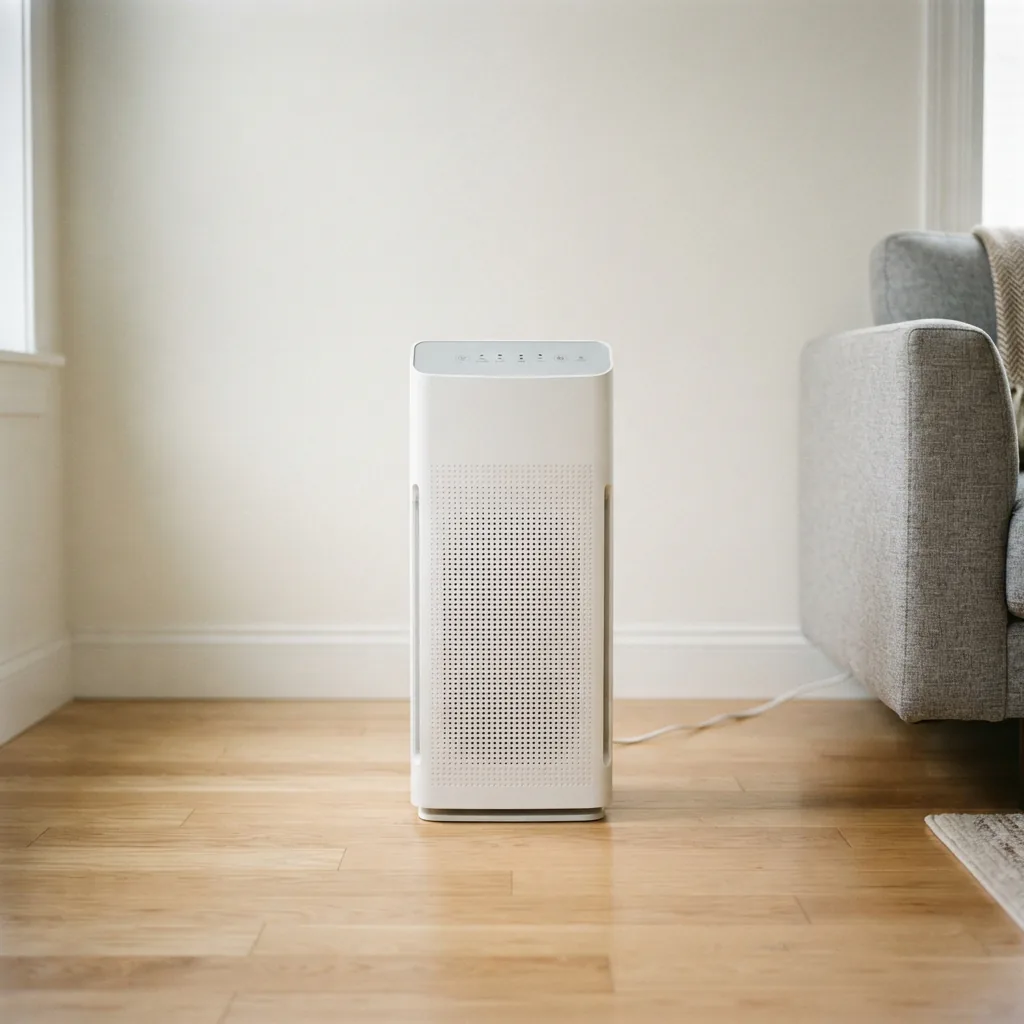 Winix C545 air purifier placed on a wooden floor with open space around it near a sofa