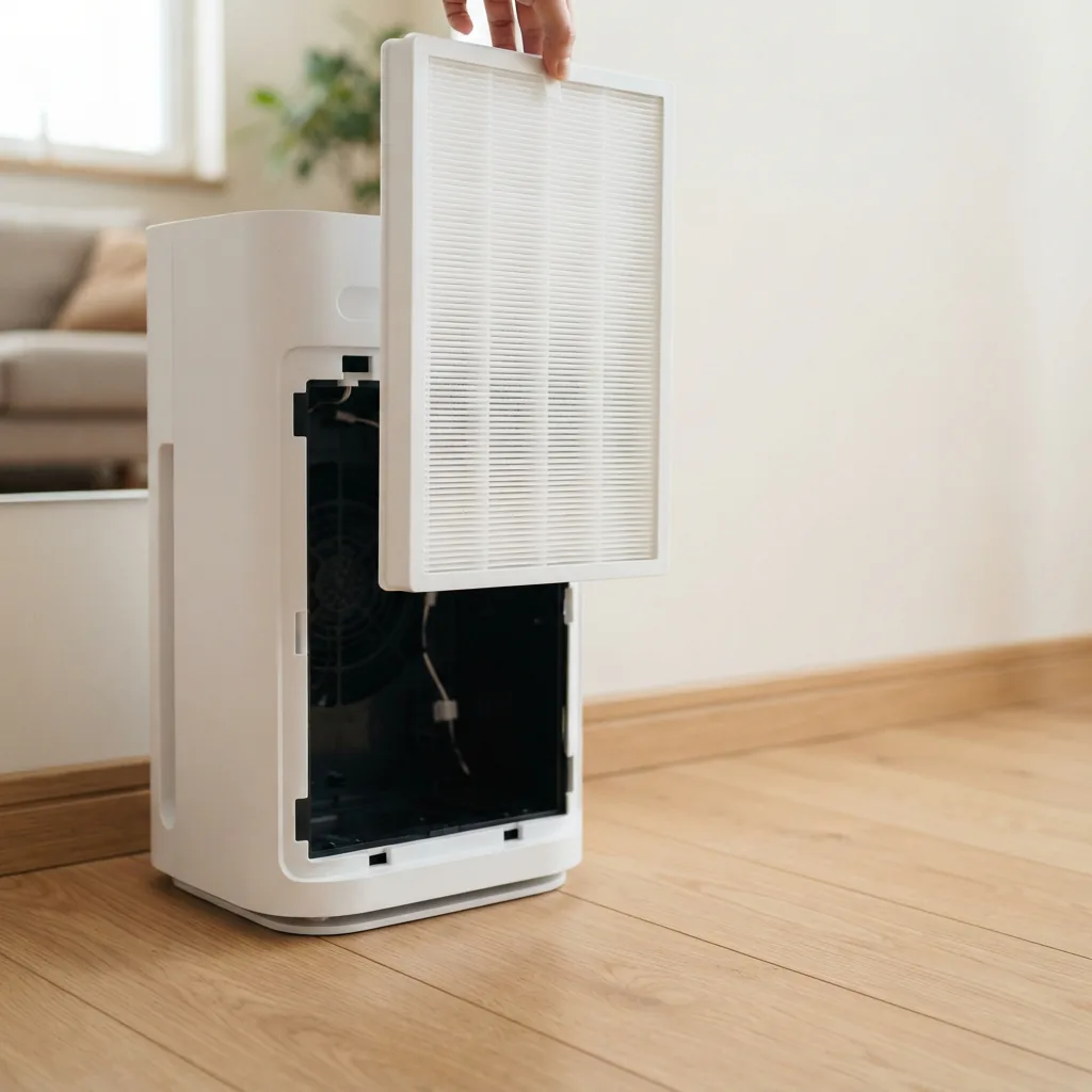 A replacement filter being lined up with the open filter compartment of a home air purifier.