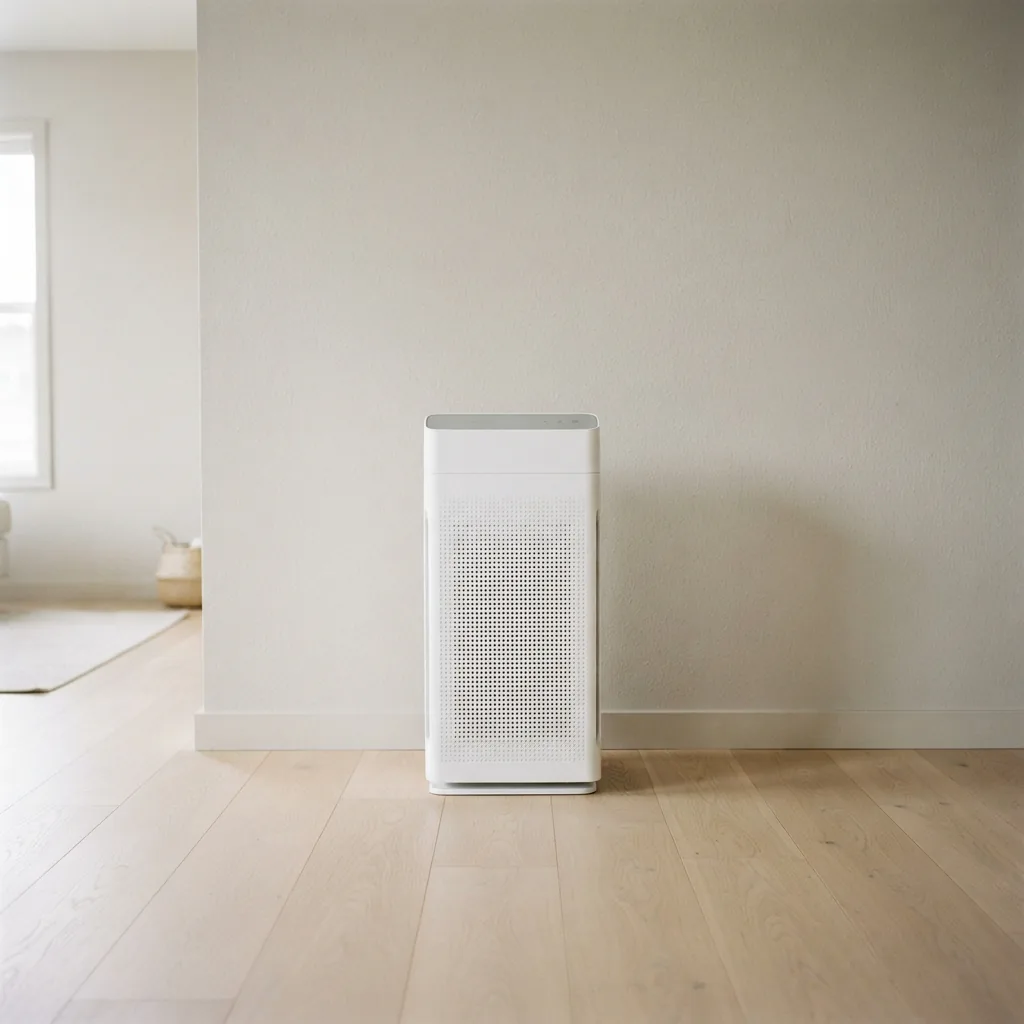 Winix Zero air purifier placed a short distance from a living room wall with open space around it