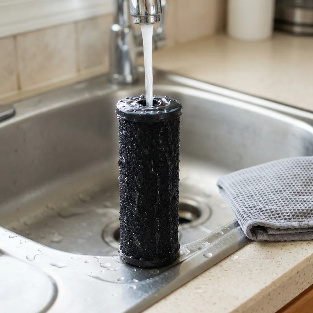 Black carbon filter standing in a stainless steel sink under running tap water