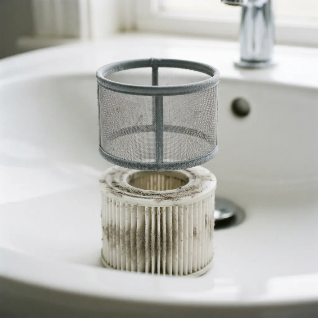 Gray mesh pre-filter screen lifted above a dust-dulled filter cartridge over a sink