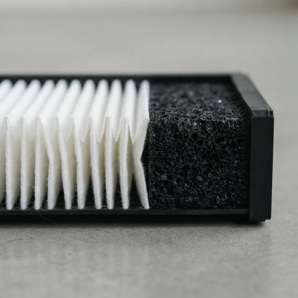 Close-up of pleated white filter media beside a dark carbon layer on a gray surface
