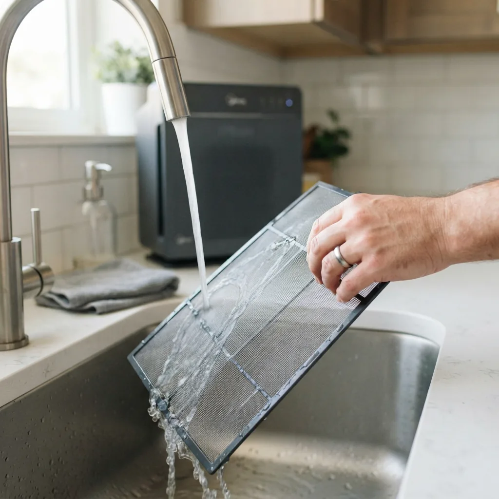 An adult hand rinsing the mesh pre-filter from a Winix 9800 air purifier under a kitchen tap
