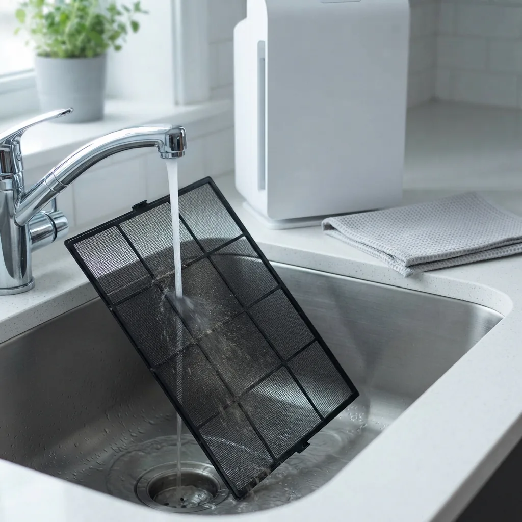 Winix C545 air purifier mesh pre-filter panel rinsing under a kitchen faucet