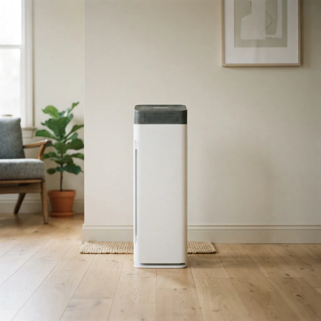 Winix C610 air purifier placed with open space on all sides against a living room wall