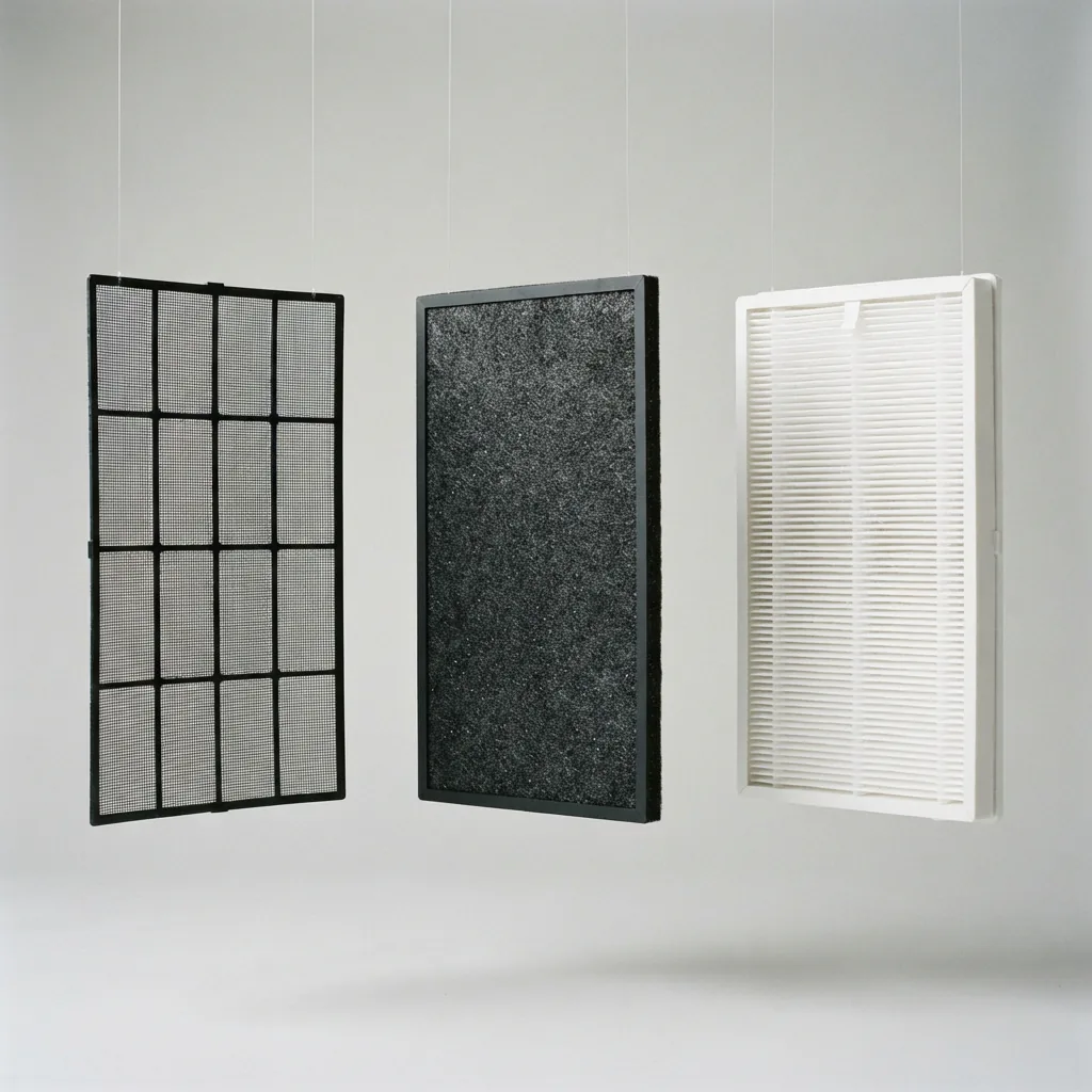 Three separated filter layers suspended in a row: a mesh prefilter, a dark carbon sheet and a white pleated filter.