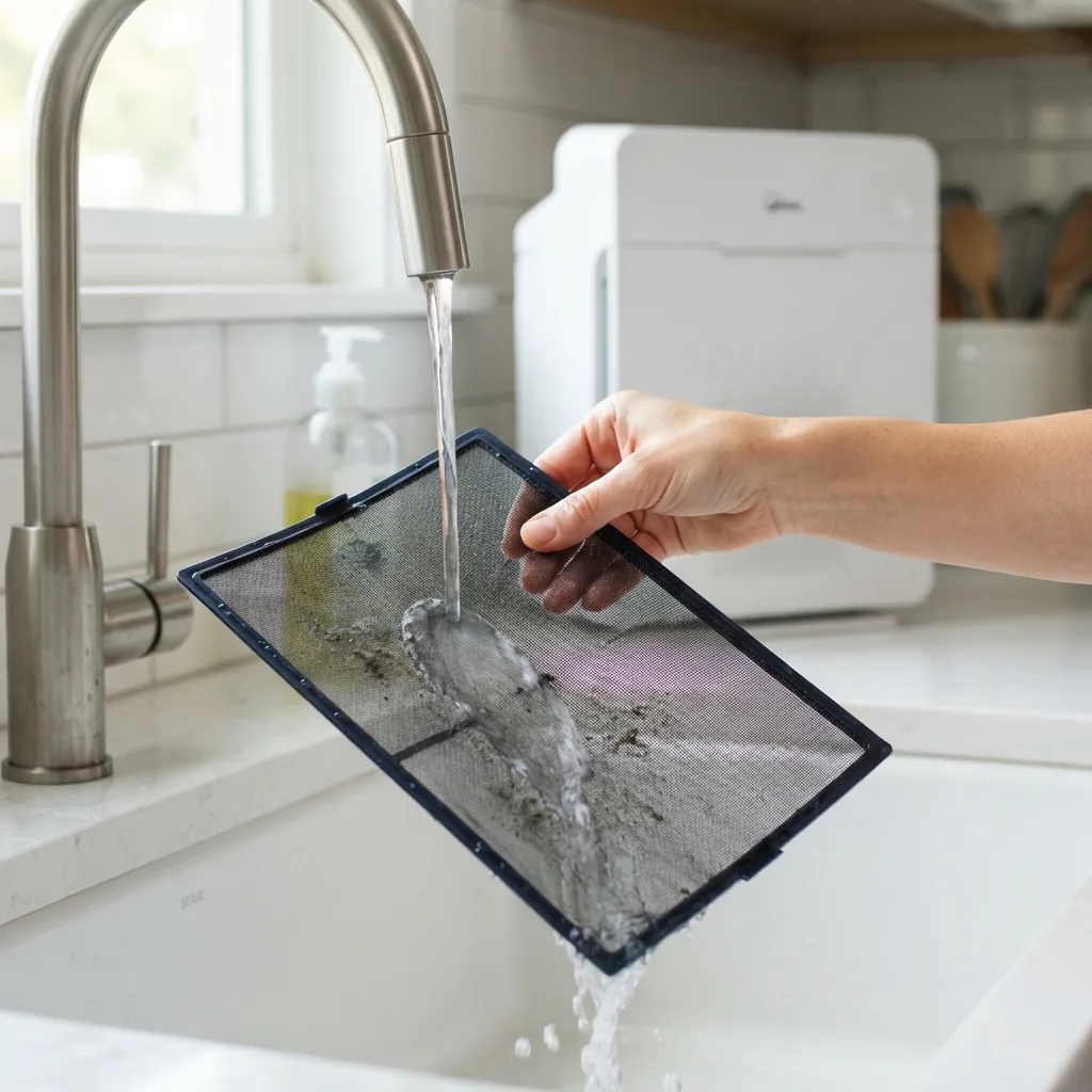 Hands rinsing the Winix C909 washable pre-filter over a sink during filter care