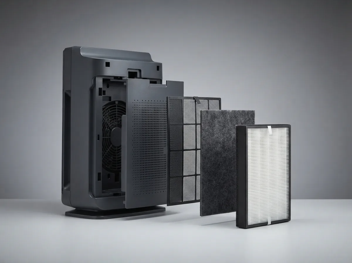 Exploded view of the Winix 5500-2 showing its pre-filter, carbon layer and True HEPA cartridge