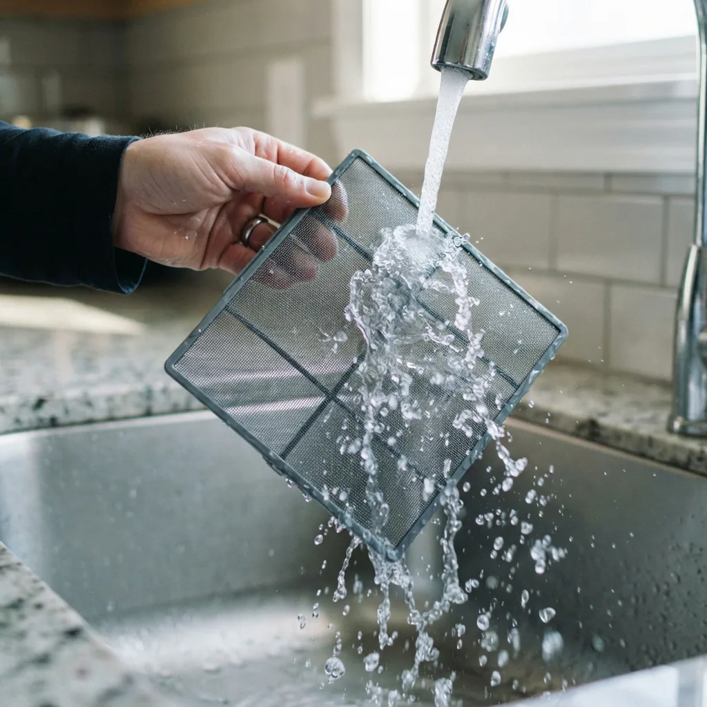 Reusable mesh pre-filter screen being rinsed under a running kitchen tap