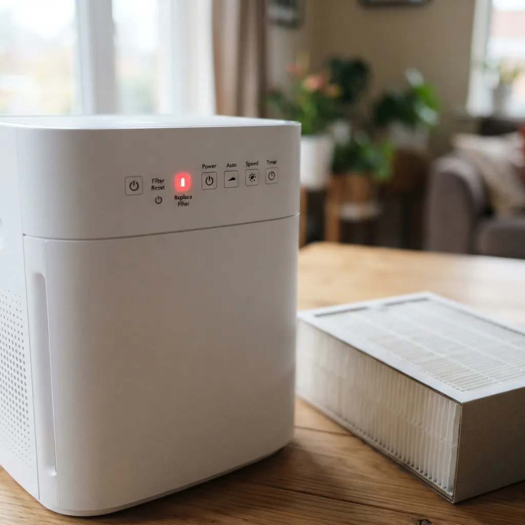 Close view of the Winix C545 air purifier filter indicator lit on the front panel beside a spare filter