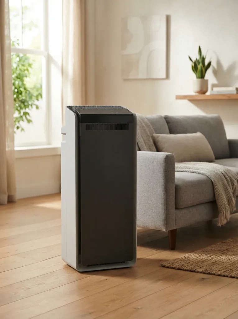 Winix 9800 air purifier standing on a living room floor beside a sofa