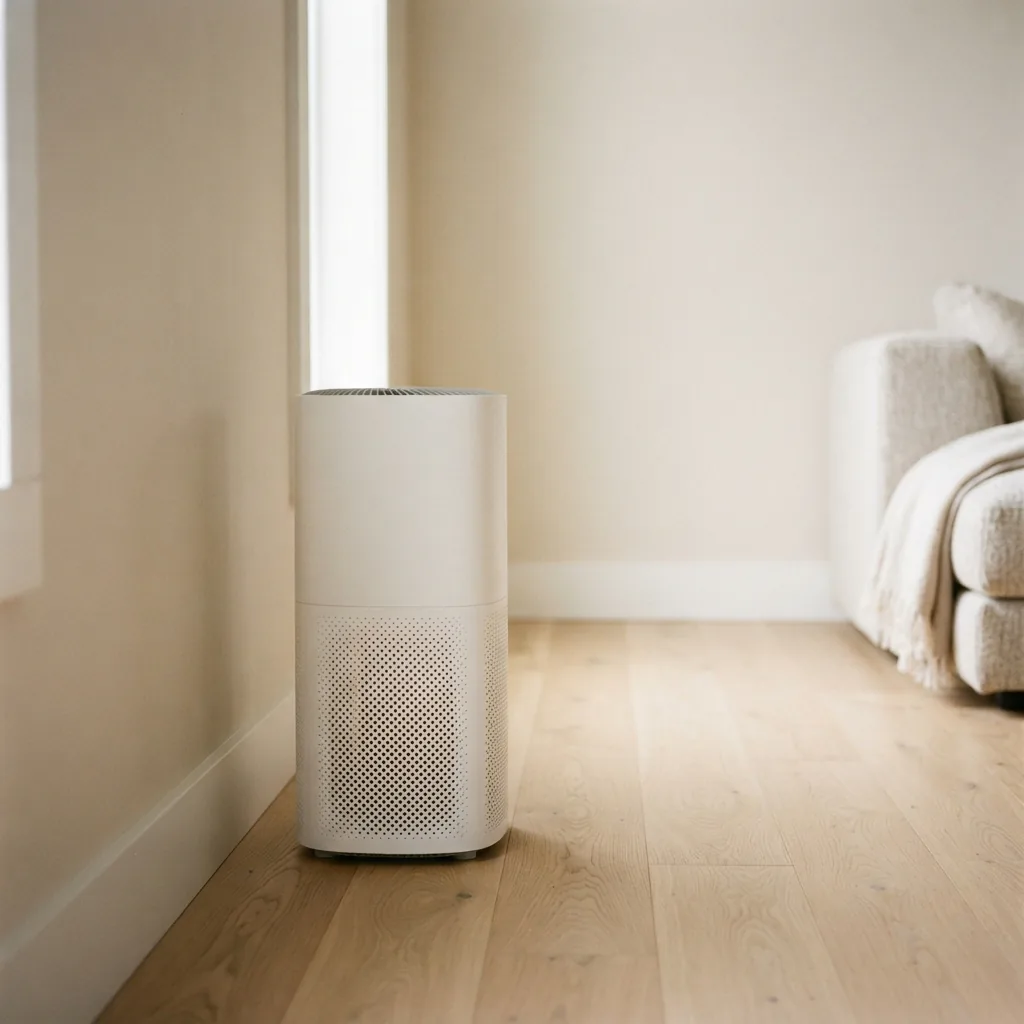 Winix C535 air purifier placed with open space between it and a living room wall