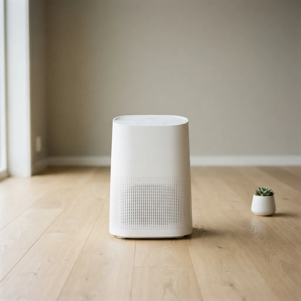 Winix T500 air purifier placed on a level wooden floor with open space around its base