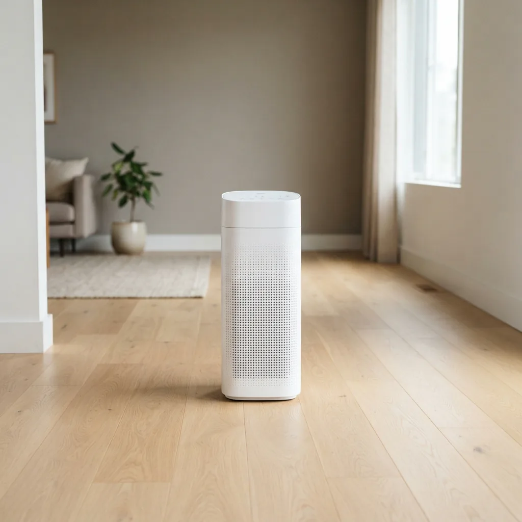 Winix C909 air purifier standing with open space around it on a living room floor