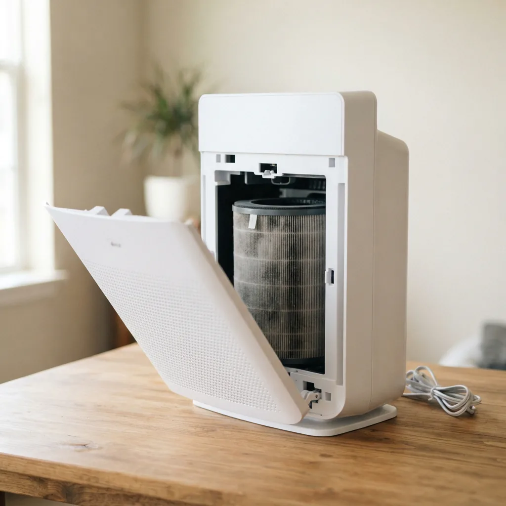Front filter cover of a Winix C610 air purifier tilted open on a table with the unit unplugged
