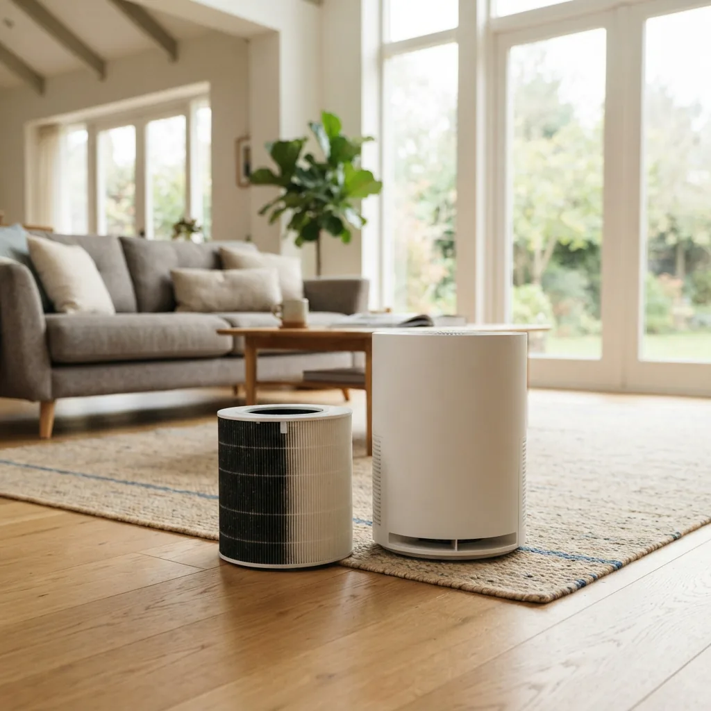 Air purifier with filter placed in a spacious open-plan living room