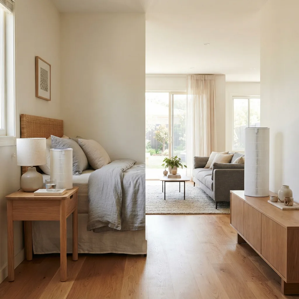 Short and tall filter cartridges placed in a small bedroom and a large open living room