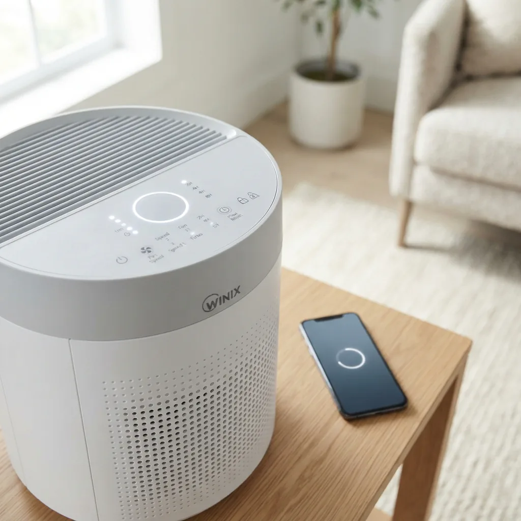 Winix T810 on a side table with its control panel visible beside a smartphone.