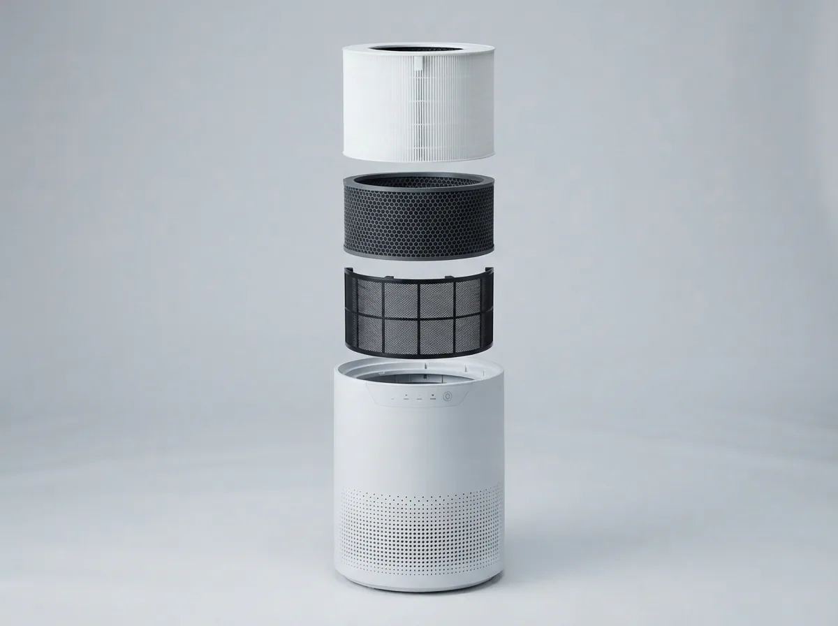 Exploded view of the Winix C610 showing its four stacked filtration layers inside the cylindrical body