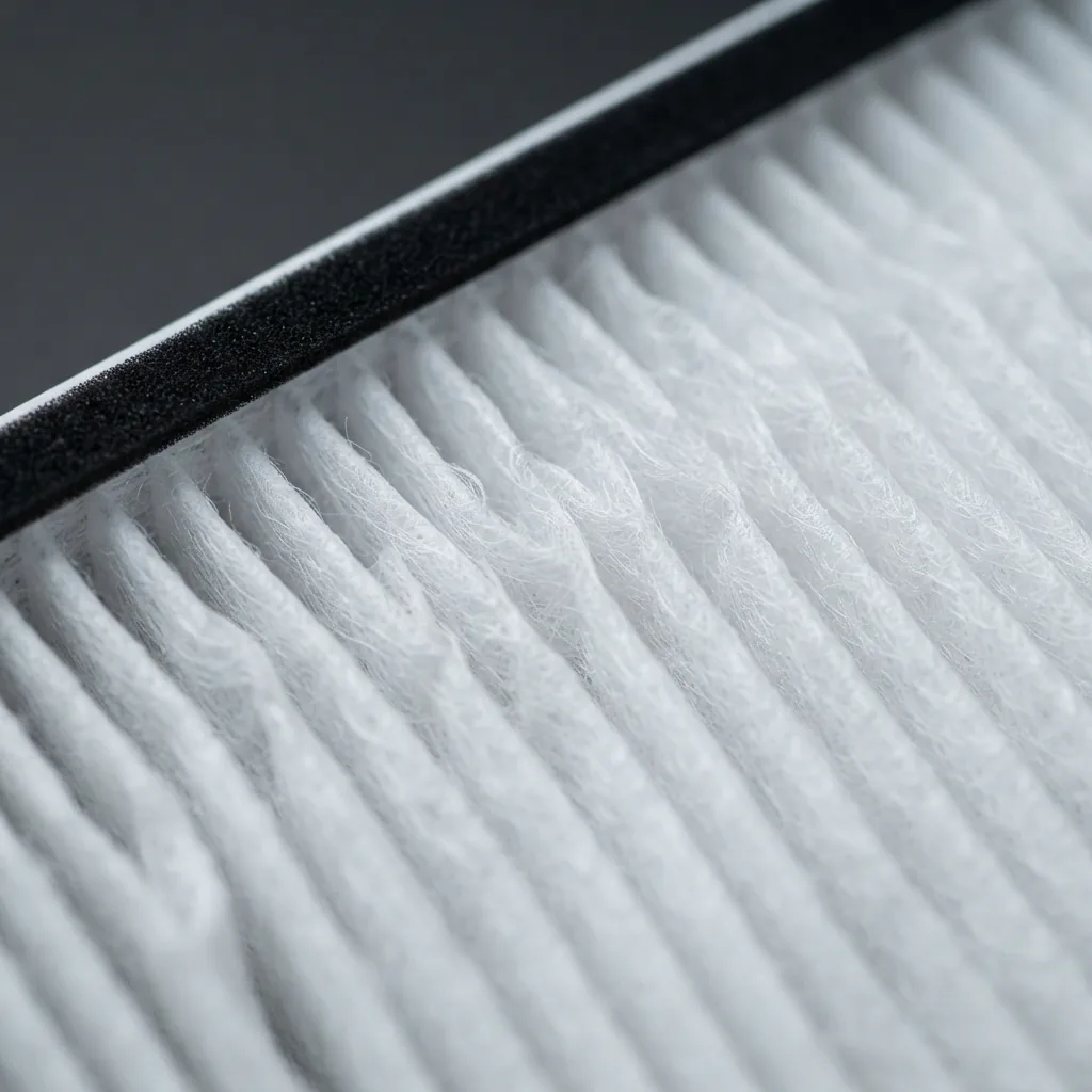 Close-up of pleated white True HEPA H13 filter media on a Winix C545 filter